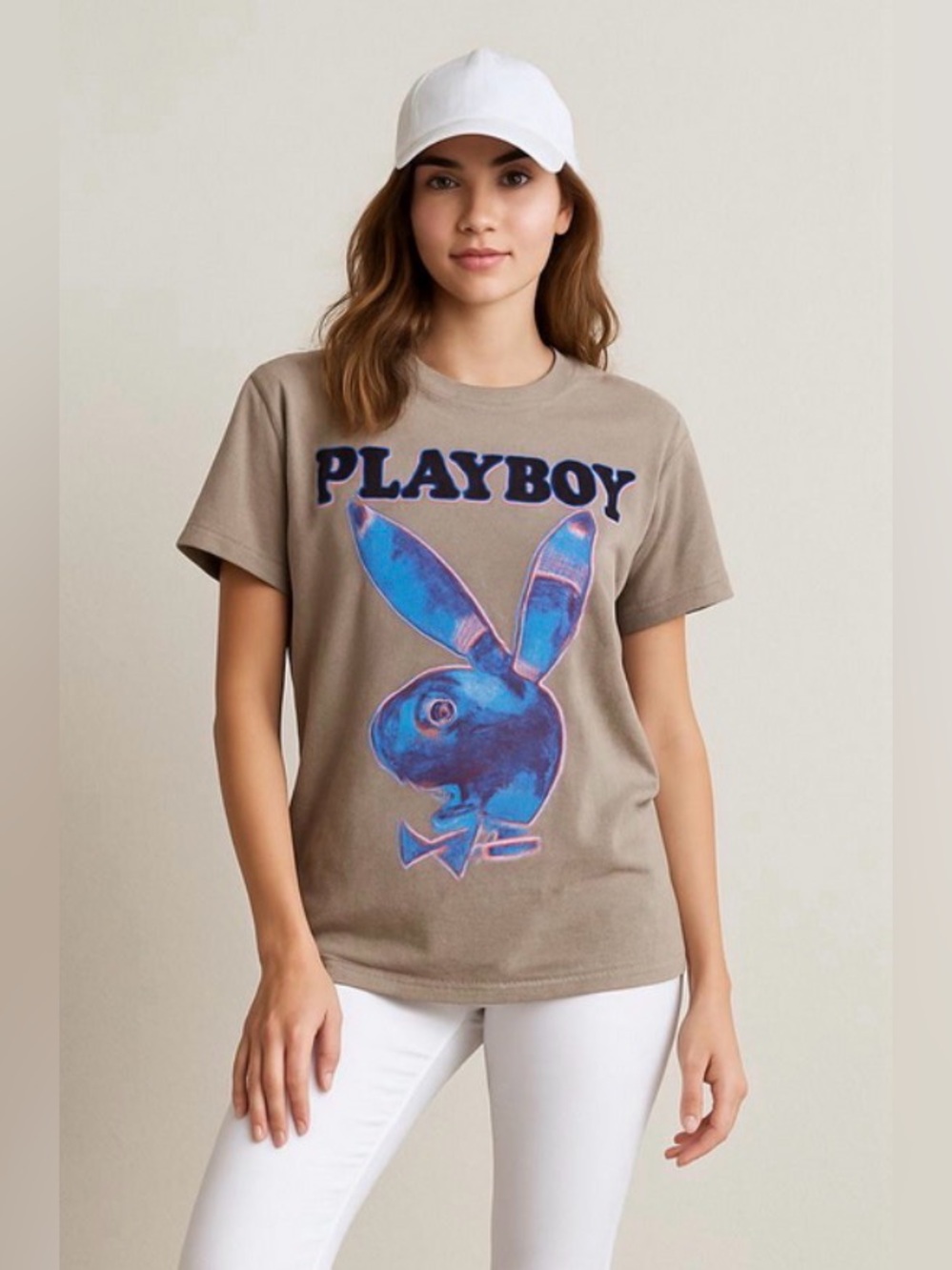 PLAYBOY Bunny Logo Cotton Tee, Tan Brown, Purple, Blue, Size M